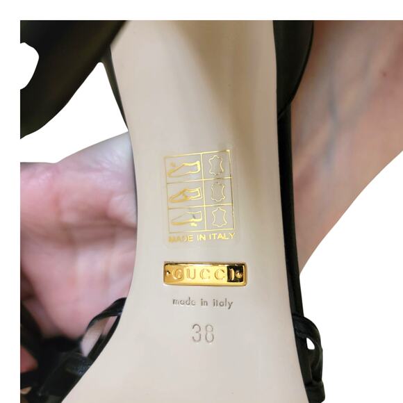 Gucci Bee Queen Margaret High Heels Sandals Bow Black Leather 8 38 New - Picture 11 of 12